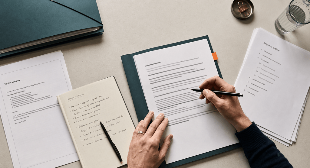 A specialist drafting a tender response from an evidence notebook and response outline