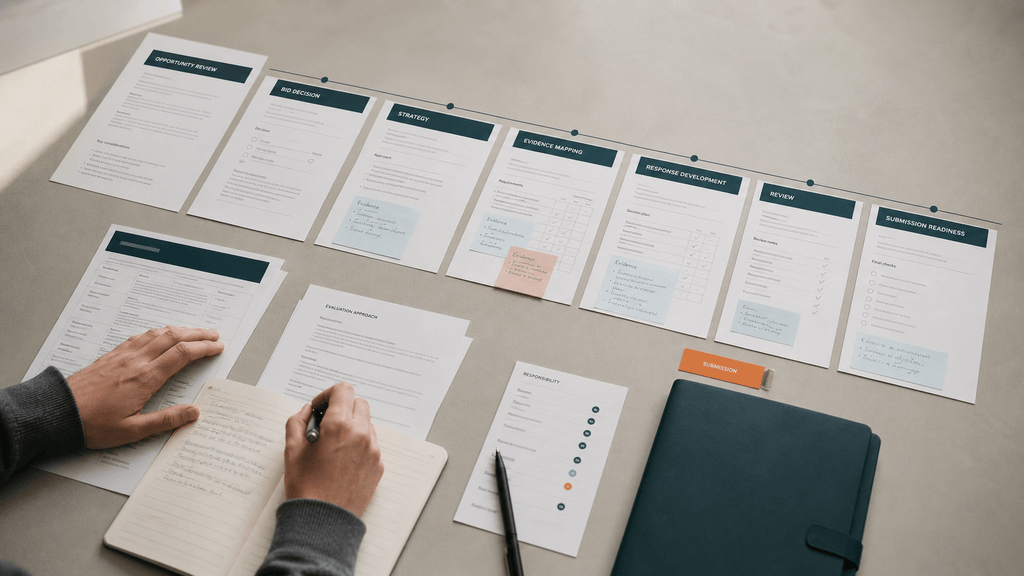 Tender planning documents arranged from opportunity review through submission readiness