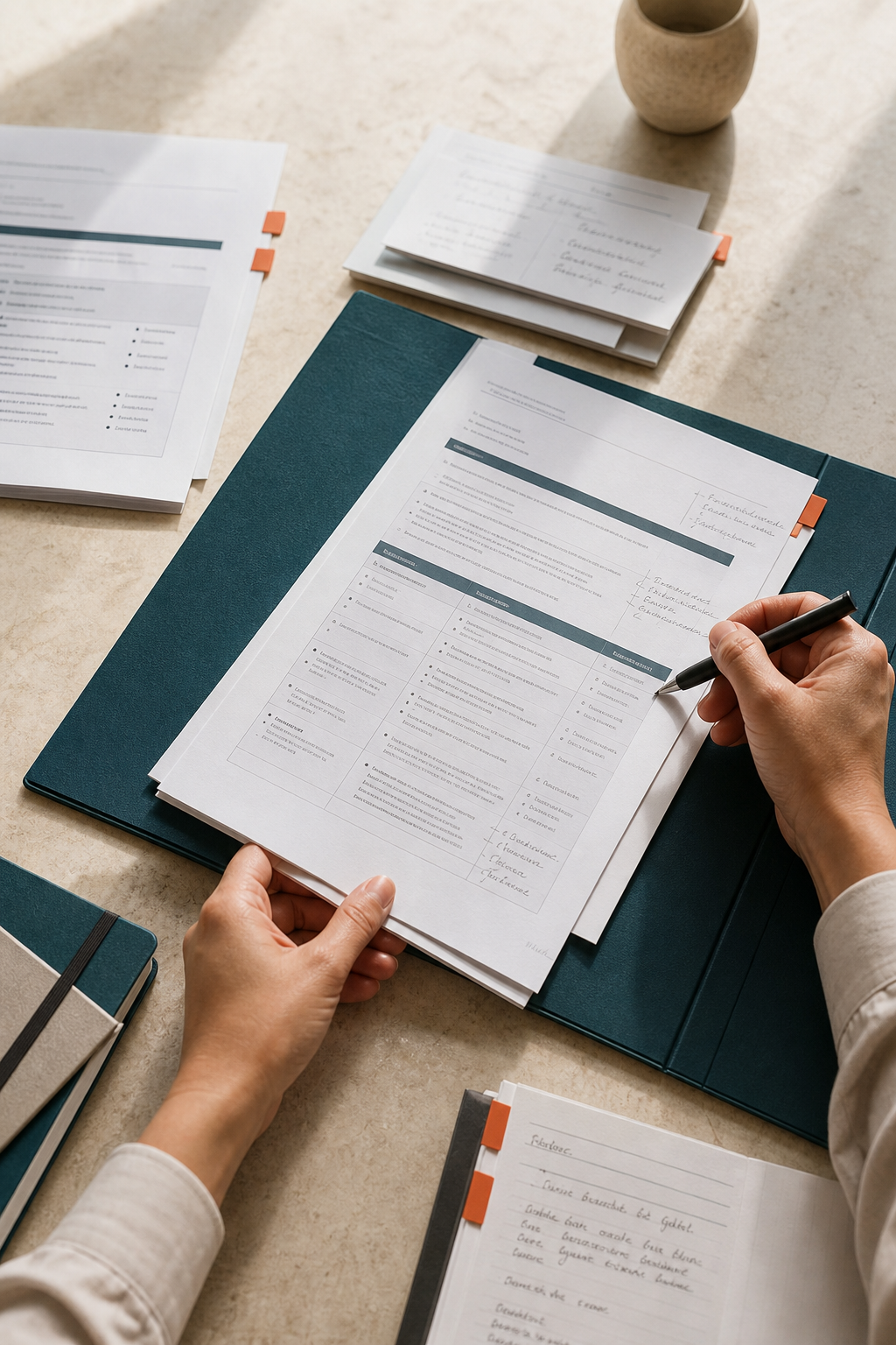 Annotated tender planning documents on a desk with teal folders and hands reviewing evidence notes.